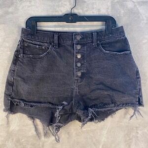 Abercrombie & Fitch High Rise Mom Denim Shorts Button Fly Black Distressed Curve
